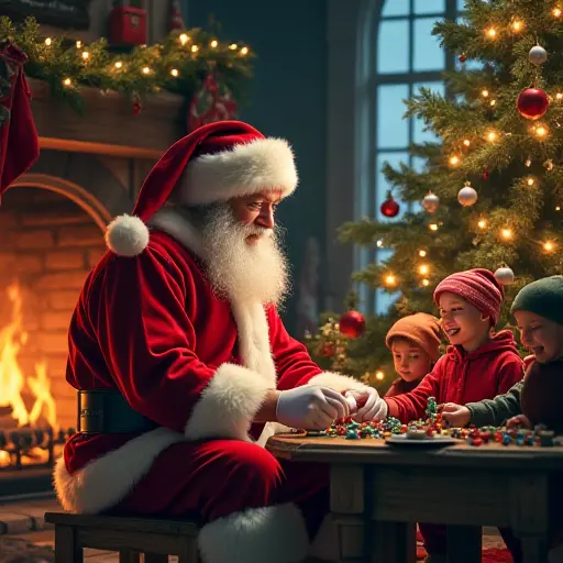 Santa Claus sitting in his workshop, surrounded by little elves making toys, with a cozy fireplace and a Christmas tree decorated with twinkling lights, filling the scene with holiday magic.