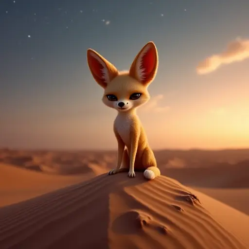 A fennec fox standing atop a sand dune in a vast desert at dusk, with its oversized ears catching the last rays of sunlight and faint stars beginning to appear.