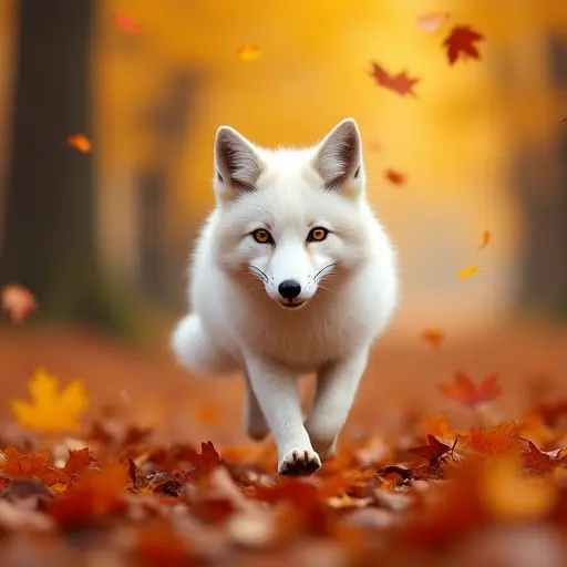 A white fox running through a forest of vibrant autumn leaves, with golden and red leaves flying around as the fox's fur blends with the changing forest scenery.