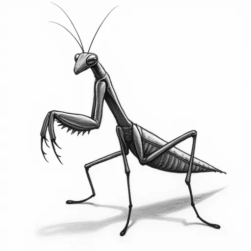 A detailed pencil sketch of a praying mantis, with sharp, angular lines and realistic shading.