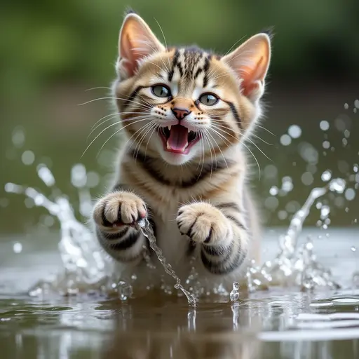 hd photo of A american shorthair playfully splashing water with its paws, showing a mischievous expression.