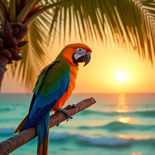 A parrot perched on a coconut palm in a tropical paradise, its bright plumage glowing against the golden hues of a setting sun and turquoise ocean waves.