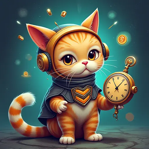 A time-travel-inspired cat avatar, with elements like clocks, time distortions, and futuristic symbols incorporated into its design.