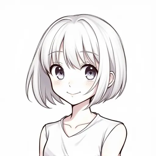 A girl with short bobbed hair and a cheeky smile, drawn in simple lines with soft shading.