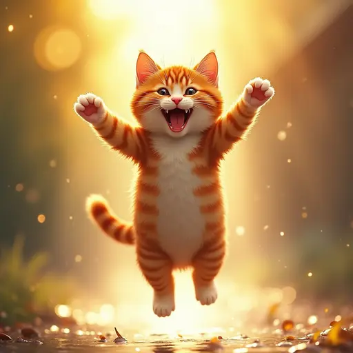 A cat jumping in the sunlight, its wet fur looking particularly joyful, American Comic Style.