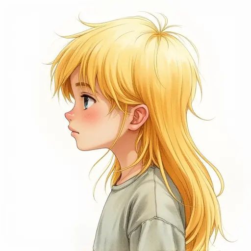 A boy with long, flowing blonde hair, sketched in fine pencil lines and light watercolor for a soft effect.