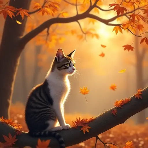 A cat sitting on a branch in a peaceful autumn forest, its eyes observing the colorful leaves as they fall softly to the ground in the calm, crisp air.