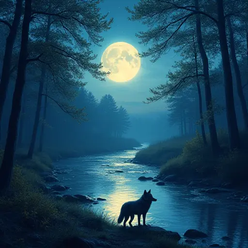 A wolf standing in a forest at the edge of a glowing river under a starlit sky, with the leaves above shimmering in the moonlight, creating a peaceful yet mystical atmosphere.