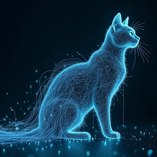 A cat with its body formed by cascading streams of virtual data, representing the flow of information through a digital system.