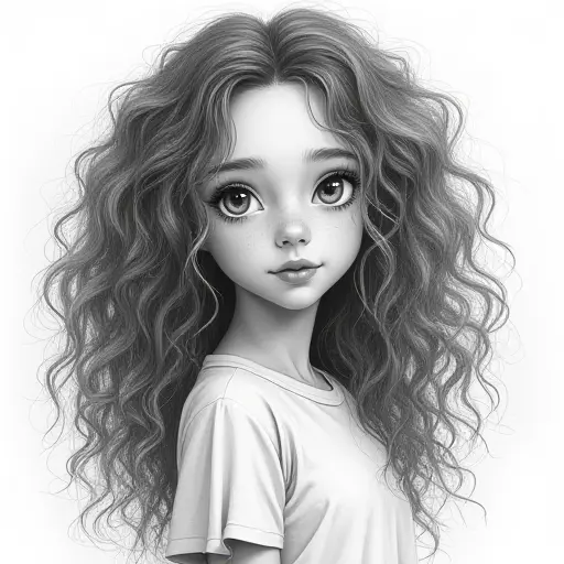 A girl with large curly hair, drawn in detailed pencil lines with soft highlights and shadows for a realistic effect.