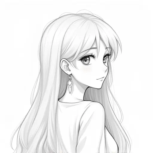 A girl with long hair and a pair of earrings, drawn in soft lines with gentle pencil shading.