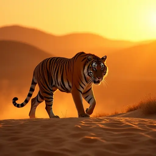 A tiger walking across golden desert sands at twilight, its stripes glowing faintly like molten gold as the last light of day fades.