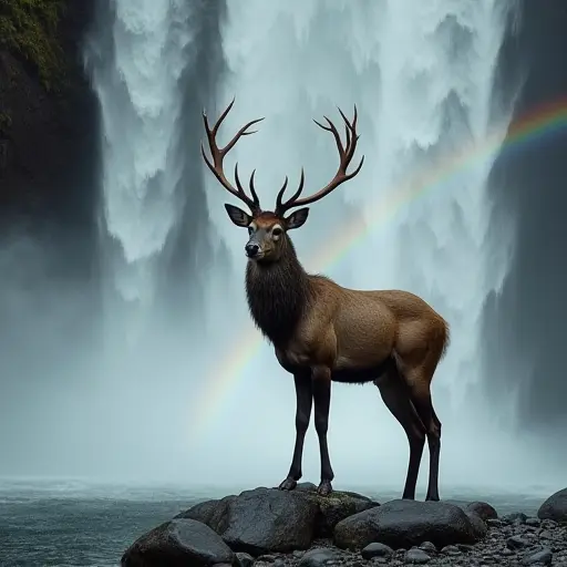 A majestic deer standing at the edge of a waterfall, with mist rising around its antlers and a rainbow faintly arching through the spray.