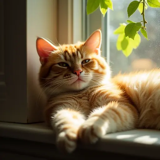 A content cat lounging on a windowsill, basking in the warm glow of sunlight streaming through the glass, with soft shadows of leaves playing on its fur.