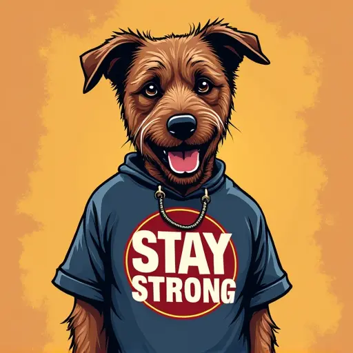 dog, T-shirt, slogan Stay Strong, comic style