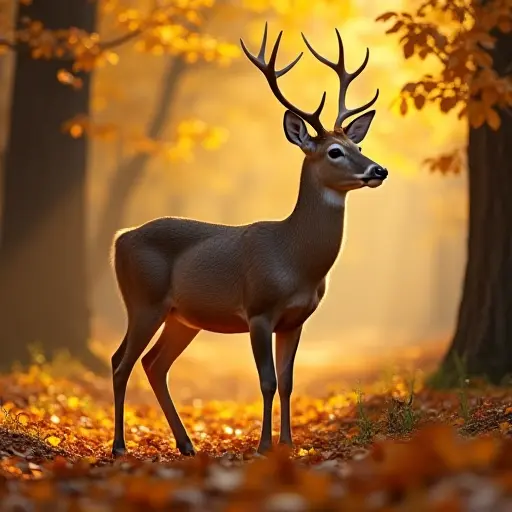 A deer standing gracefully in a forest blanketed with golden autumn leaves, the sun filtering through the branches casting soft, warm light on its fur.