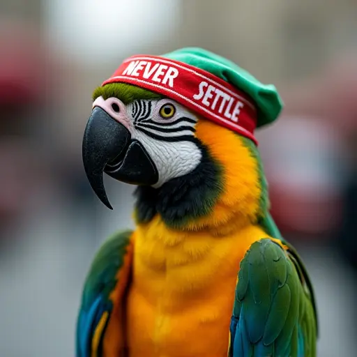 parrot, headband, slogan Never Settle, street style