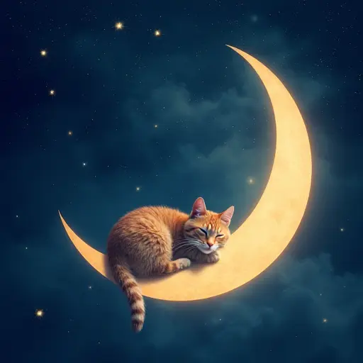 A cat peacefully sleeping on a crescent moon, surrounded by tiny glowing stars and a deep indigo sky filled with soft, swirling nebulae.