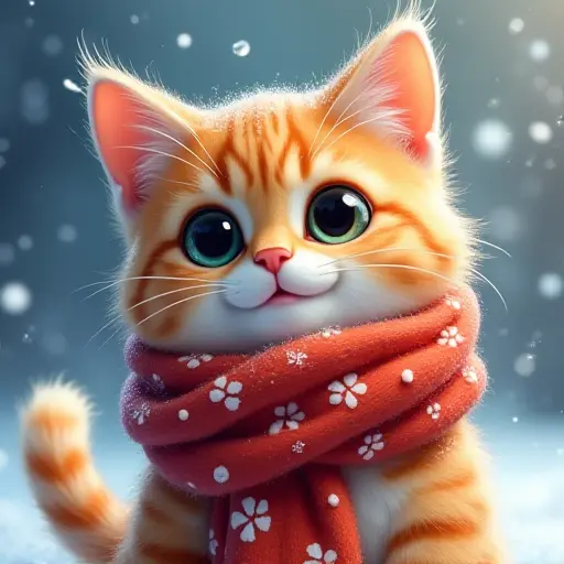 Cat wearing a scarf, surrounded by snowflakes, with big eyes and a warm smile.