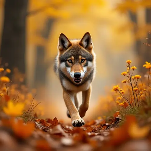 A young wolf running through a forest filled with autumn leaves, its fur blending with the golden tones of the foliage as flowers still bloom among the falling leaves.