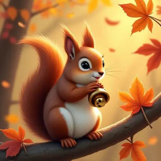 A squirrel holding a tiny bell in its paws, perched on a branch surrounded by colorful autumn leaves, the bell making a soft jingling sound as the wind blows and the leaves swirl around it.