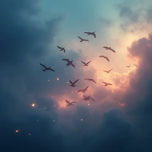 A flock of birds in flight, rendered with ethereal, glowing colors that create a mystical, dreamlike effect.