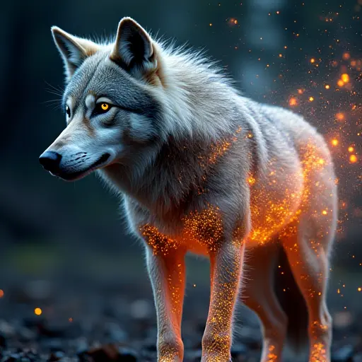 A wolf with quantum particles swirling around its body, its fur composed of metallic shards, glowing with energy.