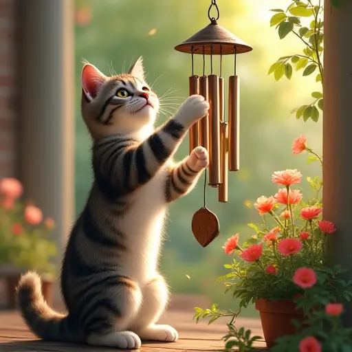 A cat playing with a set of wind chimes on a porch, surrounded by swaying flowers in a gentle breeze.