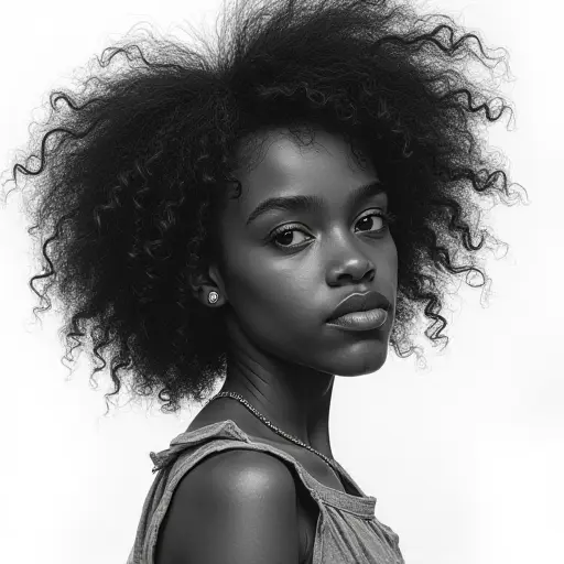 A girl with dark skin and curly hair, sketched with bold, smooth pencil lines and light shading.