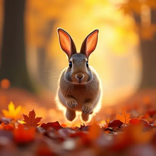 A wild rabbit hopping through a forest of colorful autumn leaves, its fur blending with the reds, oranges, and yellows of the fallen foliage, as the warm autumn sunlight filters through the trees.