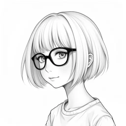 A girl with short hair and oversized glasses, drawn in soft pencil strokes with minimal shading.