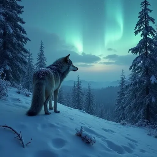 A lone wolf standing on a snowy hill surrounded by a silent pine forest, its fur lightly dusted with snowflakes, gazing at the distant aurora.