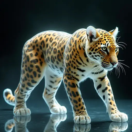 A leopard with a translucent body, its form shifting and morphing in a dreamlike, surreal manner.