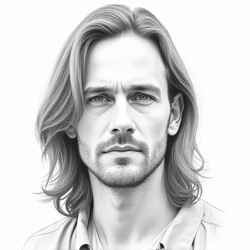 A man with long hair and a calm expression, drawn with soft, detailed pencil strokes.