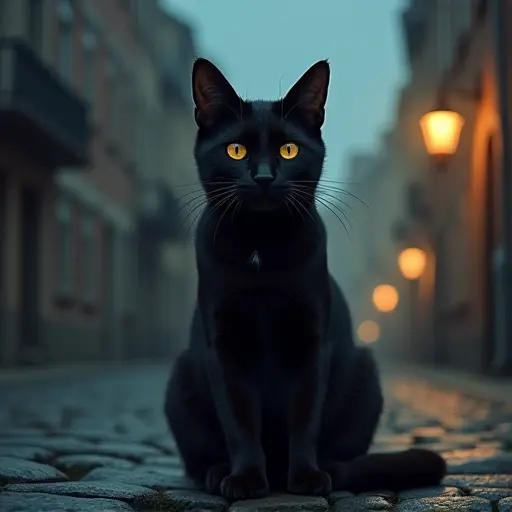 A black cat with piercing yellow eyes, sitting on a cobblestone path under the light of an old streetlamp.