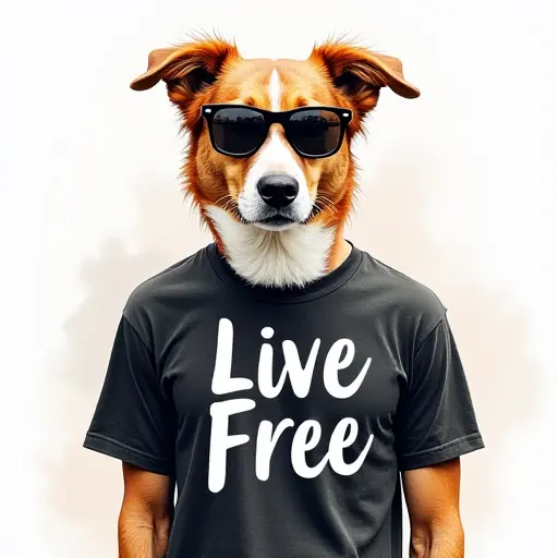 watercolor painting of a dog. Wearing a black tshirt with the text "Live Free" in white font, With black sunglasses