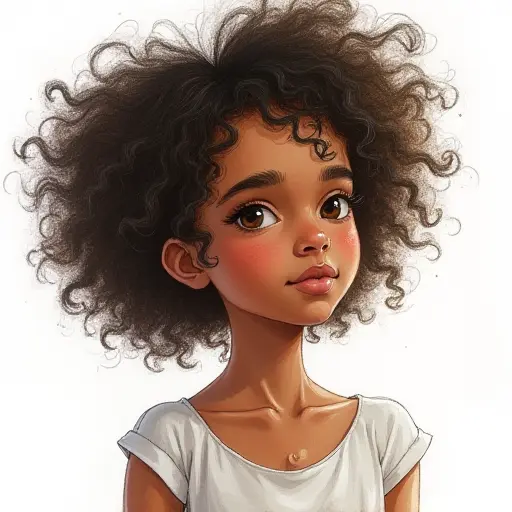 A girl with darker skin and curly hair, sketched with subtle pencil lines and light watercolor accents.