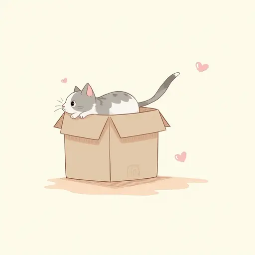 clean hand-drawn outlines of The kitten dives headfirst into the box, its tail swishing gently as it explores the surroundings.