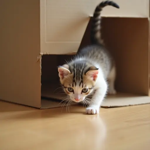 hd photo of The kitten dives headfirst into the box, its tail swishing gently as it explores the surroundings.