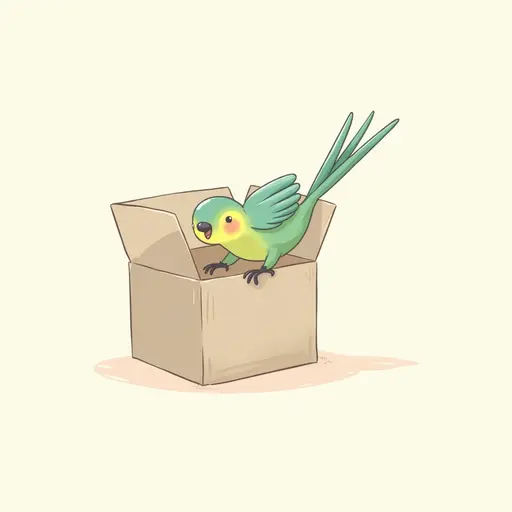 clean hand-drawn outlines of The small Parrot dives headfirst into the box, its tail swishing gently as it explores the surroundings.