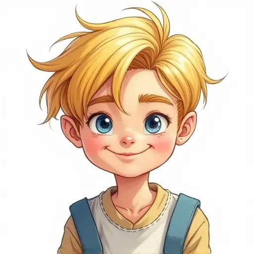 A little boy with golden hair and a mischievous smile, sketched with clean lines and soft pencil shading.