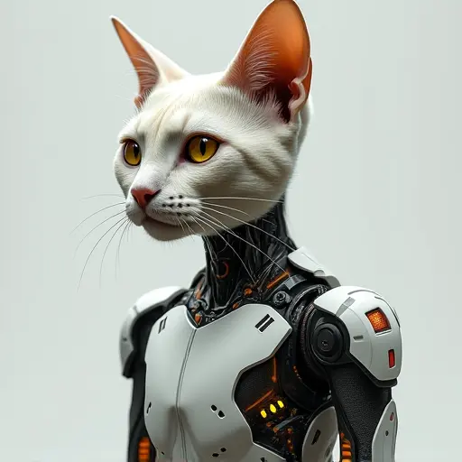 A cat avatar combining organic and technological elements, such as synthetic skin or bio-mechanical limbs.