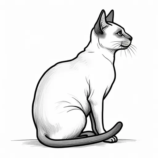 clean black and white hand-drawn outlines of a siamese cat from the side view