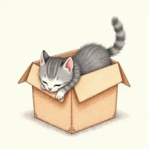 colored pencil drawing style of The kitten dives headfirst into the box, its tail swishing gently as it explores the surroundings.