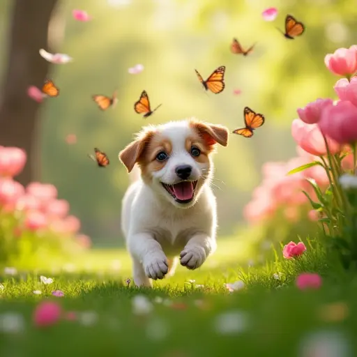 A small dog chasing butterflies in a lush spring garden, with flowers in full bloom and colorful petals flying around, creating a joyful and lighthearted scene.