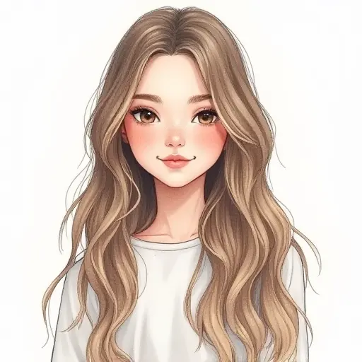 A girl with long wavy hair, drawn in soft pencil strokes with delicate watercolor highlights.