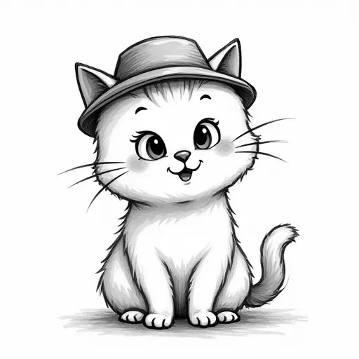 A cute cat with a hat, sketched in a playful, cartoonish style with bold pencil strokes.