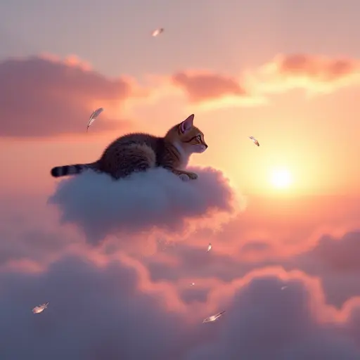 A cat floating on a soft cloud, gazing at the world below as the sky turns shades of pink, orange, and purple during sunset, with light feathers drifting by.