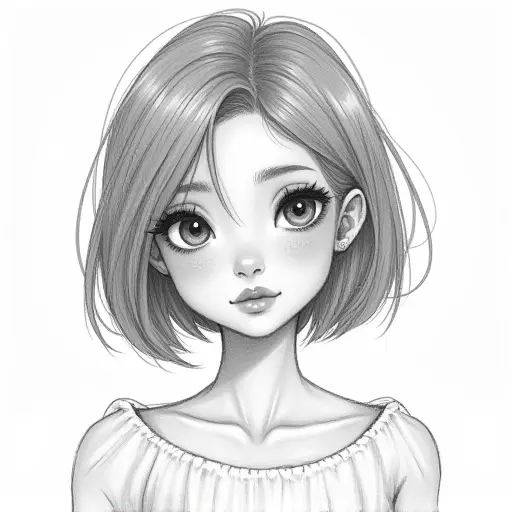 A girl with mixed heritage, short bobbed hair, and unique features, sketched with soft pencil lines and light shading.