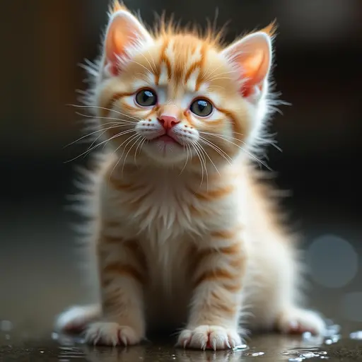 A little kitten with soaked fur, droplets falling from its coat